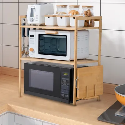 Image de Four à micro-ondes Rack 2 niveaux Étagères de cuisine Étagère à épices en bambou avec 4 crochets