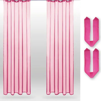 Two pink curtains are shown hanging, with two pink tie-backs to the right.