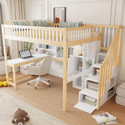 Image de okwish Lit mezzanine 140x200 cm, lit pour jeunes sans matelas, cadre avec éclairage LED et étagères, lit mezzanine avec bureau et compartiments de rangement – blanc + bois naturel