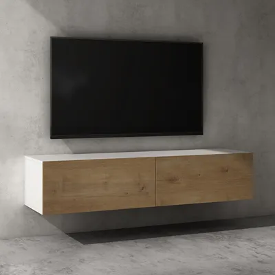 Image de doporro Meuble TV Bas 140x40,2x30cm Armoire TV Blanc Mat + Marron Clair Table de Télévision Salon avec Portes Meuble TV Suspendu MBTV02