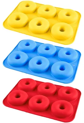 Silikon-Donutform, antihaftbeschichtet, 6 Mulden, rot, gelb, blau