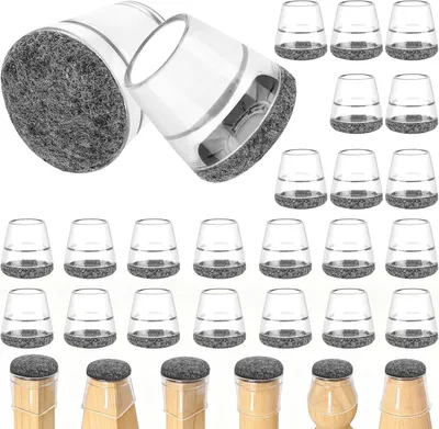 Produktbild von 24 Stück Stuhlbeinkappen Rund, Silikon Schutzkappen für Stuhlbeine mit Grau Filz, Elastische Stuhlbeinschoner Transparent, Filzgleiter für StüHle für Holzböden, Laminat und Fliesenböden