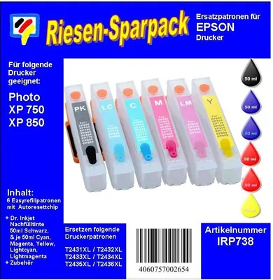 Produktbild von IRP738 - Komplettset CISS / Easyrefill T24 + T24XL Multipack mit 6 Patronen und 300ml Dr.Inkjet Nachfülltinte