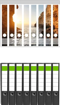Produktbild von Wallario 8 Stück schmale Ordner inkl. Klebeetiketten mit Motive Höhlen am Meer -  Set mit Rückenschildern / Ordnerrücken Stickern