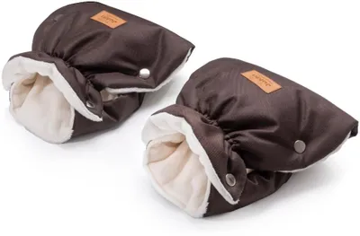 A pair of brown, fleece-lined hand warmers for a stroller, presented on a white background.