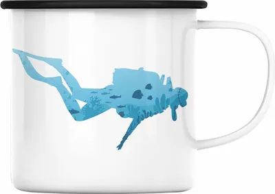 Produktbild von Trendation - Taucher Grafik Emaille Tasse Geschenk für Tauchlehrer Geschenkidee Lustig Tauchen Tauchsport Meer See (Schwarz)