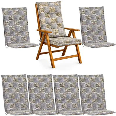 Image de 6x Coussin pour chaise de jardin 120x48cm Coussin pour chaise à haut dossier en mosaïque grise avec rembourrage épais en mousse de 7cm