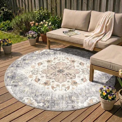Zdjęcie produktu dla Volero - Okrągły dywan zewnętrzny Vintage - Santo Mandala Niebieski/Szary - Ø 120 cm