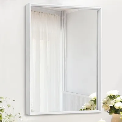 Zdjęcie produktu dla Lustro ścienne, metalowa rama, białe, 65 x 45 cm, prostokątne, do zawieszenia pionowo lub poziomo