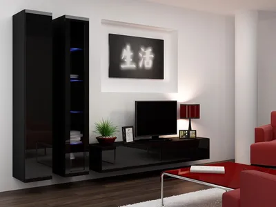 Obrázek produktu pro Obývací stěna s LED bílým osvětlením ASHTON 3 - černá / lesklá černá