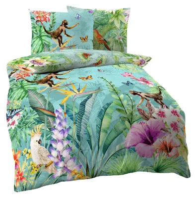 Produktbild von Kaeppel Mako Satin Digitaldruck Bettwäsche 2 tlg. Äffchen Dschungel Kakadu Schmetterling Bunt Urwald, Größe:155x220cm Bettwäsche