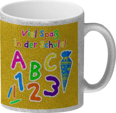 Produktbild von Viel Spaß in der Schule Glitzer-Kaffeebecher für die Einschulung in gelb