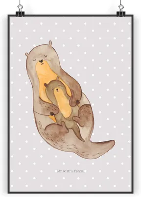 Produktbild von Mr. & Mrs. Panda Bild Otter Kind DIN A5 - Grau Pastell - Geschenk, Wandbild, Plakat, drucke, Baby, Wandschmuck, Mama, wanddeko, Geburt, Tochter, Familie
