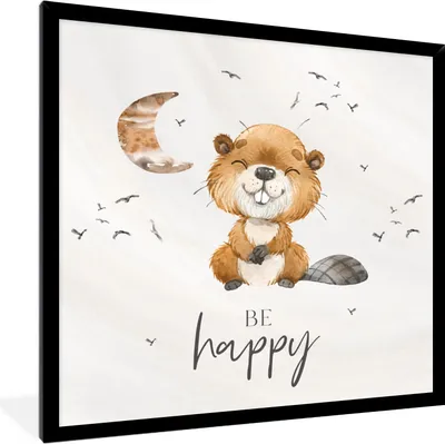 Produktbild von MuchoWow® Gerahmtes Poster Zitate - Glücklich sein - Kinder - Mond - Biber - Aquarell 40x40 cm - Poster mit Schwarzem Bilderrahmen Wandposter Rahmen Foto Bilder - Mit Rahmen - Wanddekoration Schlafzimmer