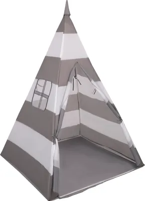 A striped teepee tent for children, shown from the front with the entrance open.