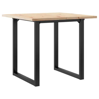 A product shot of a wooden table with black metal legs against a white background.