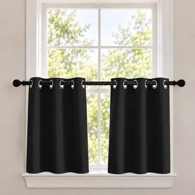 Produktbild von 2er Set Scheibengardine Blickdicht Vorhänge mit Ösen Bistrogardinen Kurze Gardinen für Küche Cafe Schlafzimmer Wohnzimmer, Schwarz, B85xH61cm