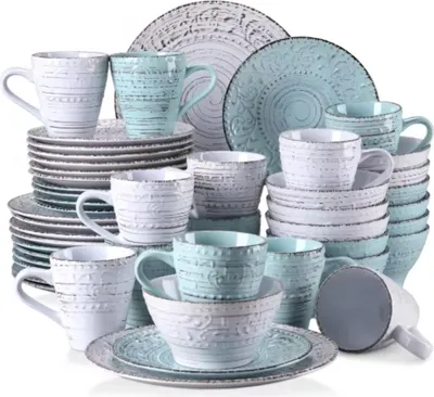 Produktbild von Luxora Serviesset – 48-teilig – 12 Personen – Weiß/Blau Keramik – Essteller und Kleine Teller