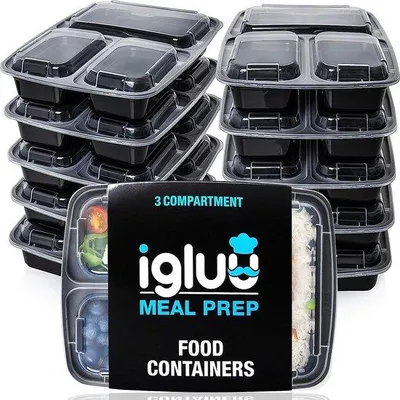 Image de 3 compartiments sans BPA Récipients réutilisables Meal Prep - Récipients alimentaires en plastique avec couvercles hermétiques
