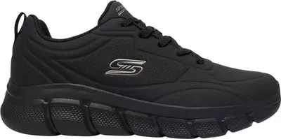A black Skechers sneaker is shown from the side against a white background.