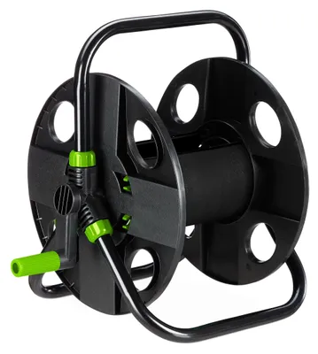 Productafbeelding van Tuinslanghaspel voor een slang van 30 meter, 1/2 inch, gemaakt van staal en kunststof. Afmetingen (hoogte x breedte x diepte): 38 x 42 x 31 cm. Kleur: zwart/groen