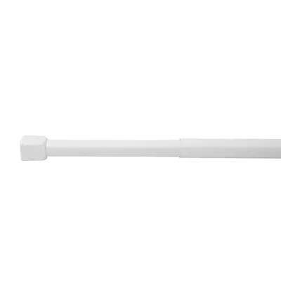 A white adjustable shower curtain rod against a white background.