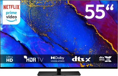 A television screen displaying a colorful abstract image, with logos and text indicating features.