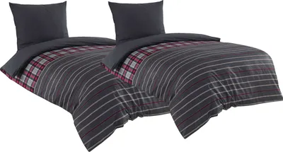 Produktbild von 4 teilige Bettwäsche 135x200 cm Gestreift anthrazit Baumwolle Renforce Wende Set