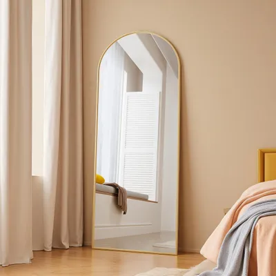 Obrázok produktu pre INONEFT, celotělové zrcadlo, 165 × 60 cm, stojací zrcadlo so zakriveným horným okrajom, nástenné zrcadlo, veľké zrcadlo vhodné do spálne, obývačky alebo šatne, zlatá farba
