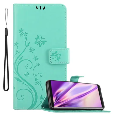 A turquoise phone case with a floral and butterfly design is shown open, with a smartphone placed inside.