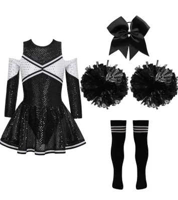 Immagine prodotto di Costume da cheerleader per bambina - taglia 140 cm | Costume da cheerleader scintillante con abito di paillettes, pompon, fascia per capelli e calze | Perfetto per il carnevale