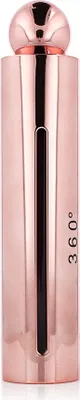 A close-up, straight-on view of a rose gold colored perfume bottle with a black stripe down the center.