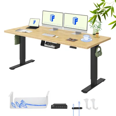 Zdjęcie produktu dla Biurko z regulacją wysokości FLEXISPOT 180 x 80 cm, blat bambusowy, 2 mocne silniki, nośność 120 kg, 4 pozycje zapisu, zestaw akcesoriów premium, kolor czarny