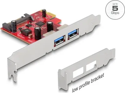 Produktbild von DeLOCK PCI Express x1 Karte zu 2 x extern USB 5 Gbps Typ-A Buchse - Low Profile Formfaktor, PCIe, USB 3.2 Gen 1 (3.1 Gen 1), Männlich, Full-height / Low-profile, PCIe 1.0, SATA
