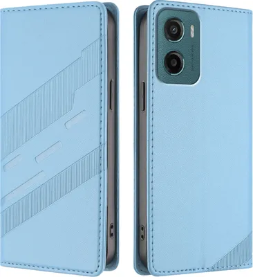 A light blue flip case for a smartphone is shown from two angles, open and closed.
