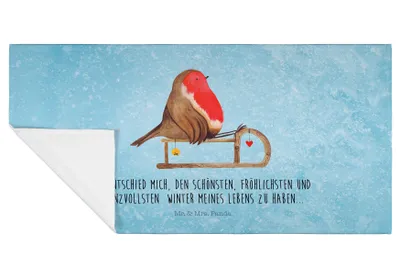 Produktbild von Mr. & Mrs. Panda Handtuch Rotkehlchen Schlitten - Eisblau - Geschenk, Weihnachten, Vogel, gesichtstuch, Frotteehandtuch, 50x100, Flauschtuch