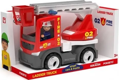 Produktbild von Multigo Drehleiter Leiterwagen LKW Lastwagen m. Figur Feuerwehr Fahrzeug +3J