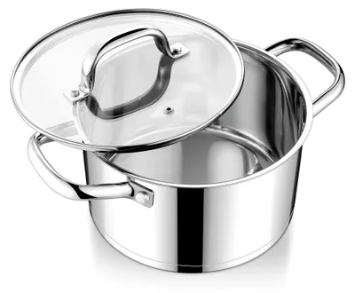 Produktbild von Kochtopf 20 cm aus Edelstahl, Induktion, 3-Lagen Boden, für alle Herdarten, 3,7 L Suppentopf mit Glasdeckel, unbeschichtet und ungiftig, spülmaschinenfest