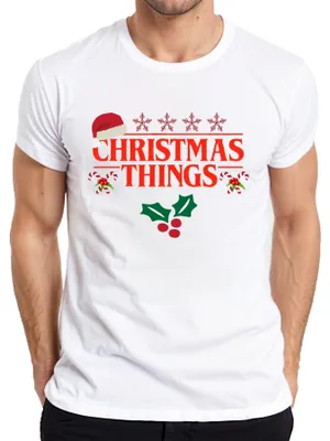 Productafbeelding van KERSTPRODUCTEN: Kerstmanhuisje, Stranger Things, Demogorgon, Kerst, Serie, Heren T-shirt, Wit, Maat M