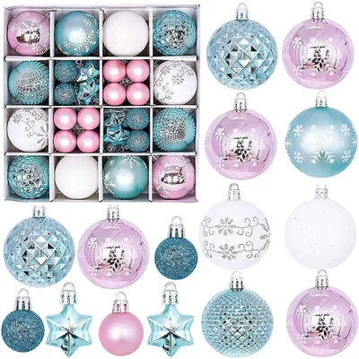 44 unzerbrechliche Weihnachtskugeln, Kunststoff, 3/6 cm, blau/weiß/rosa