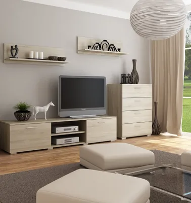 Zdjęcie produktu dla Meblościanka Lena dąb sonoma, Meble do salonu, pokoju, Zestaw Mebli, Komplet, Komoda, RTV, Półki Nowoczesne meble