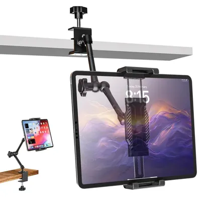 Immagine prodotto di Supporto per tablet da montare su tavolo e mobile, braccio in metallo regolabile, compatibile con dispositivi da 6 a 14,6 pollici, realizzato in lega di alluminio