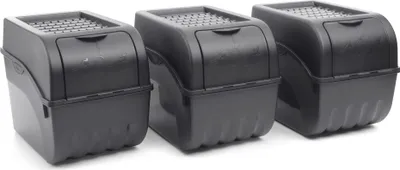 Three black storage containers are lined up against a white background.