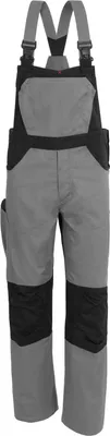 A pair of gray and black work overalls shown against a white background.