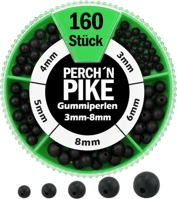 Produktbild von Gummiperlen Set (160 Stück), 3mm bis 8mm Angelzubehör Set, Weiche Perlen zum Angeln als Knotenschutz für Karpfen- & Forellen-Montagen und Feederangen