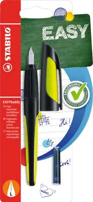 Produktbild von Schulfüller mit Linkshänder-Feder L - STABILO EASYbuddy in schwarz/limette - Schreibfarbe blau (löschbar) - Einzelstift - inklusive Patrone