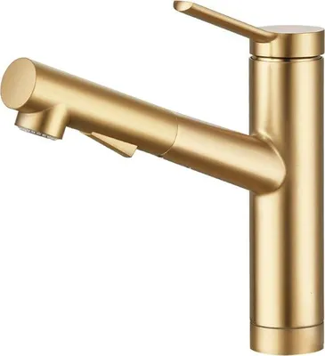 Productafbeelding van Uniqoos® Keukenmengkraan met uittrekbare handdouche, 2 straalstanden, eenhendelbediening, 120° draaibaar, warm/koud, geborsteld goud