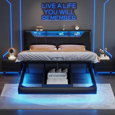 Immagine prodotto di Letto imbottito ProximaX 140×200 cm in nero con molla a gas, vano contenitore, illuminazione a LED su testiera e pediera, connessione di ricarica USB - letto matrimoniale moderno