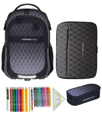 Produktbild von Schulrucksack Elephant Hero Signature 4 Teile Set Rucksack Jungen Schultasche + Mäppchen Box + Laptophülle + 31 tlg. Stifteset 12868 Black Cube +rmlv