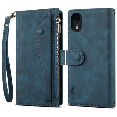 Obrázek produktu pro Ochranné pouzdro pro iPhone XR, kožené pouzdro na zip, skládací peněženka s přihrádkou na karty, stojánek a poutko modré